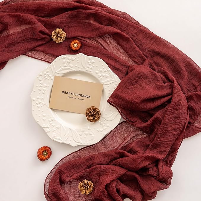 3pcs Burgundy Cheesecloth Table Runner Gauze 120 Inch 10 FT Rustic Boho Cheese Cloth Runner for Wedding Baby Shower Bridal Shower Engagement Birthday Party Long Sheer Home Decorations