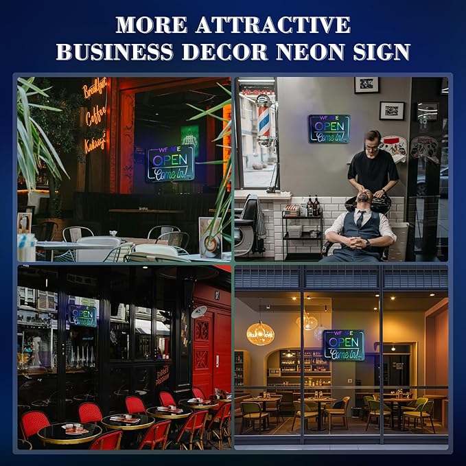 Ineonlife Open Neon Sign Come In We Are Open Mirrored Colorful LED lights for Business Decor Bright Led Light Signs Window Door Decoration Bar Shop Coffee Salon Store 14.57 x 11.02 inches USB Powerd