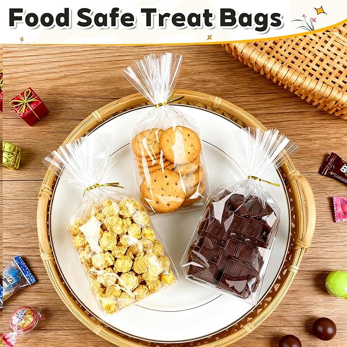 PigPotParty Cellophane Treat Bags 7"x10", 100 Pack Clear Goodie Bags, 3.2" Bottom Gusset for Stand-Up Display, Small Plastic Gift Wrap for Cookies, Candy, Party Favors, Popcorn, Includes 100 Ties