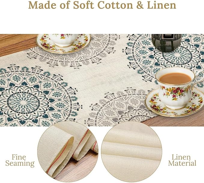 Boho Flower Table Runner, Bohemian Turquoise Mandala White Teal Floral Kitchen Dining Table Runners for Indoor Outdoor Home Party Holiday Decor, 13x70inch