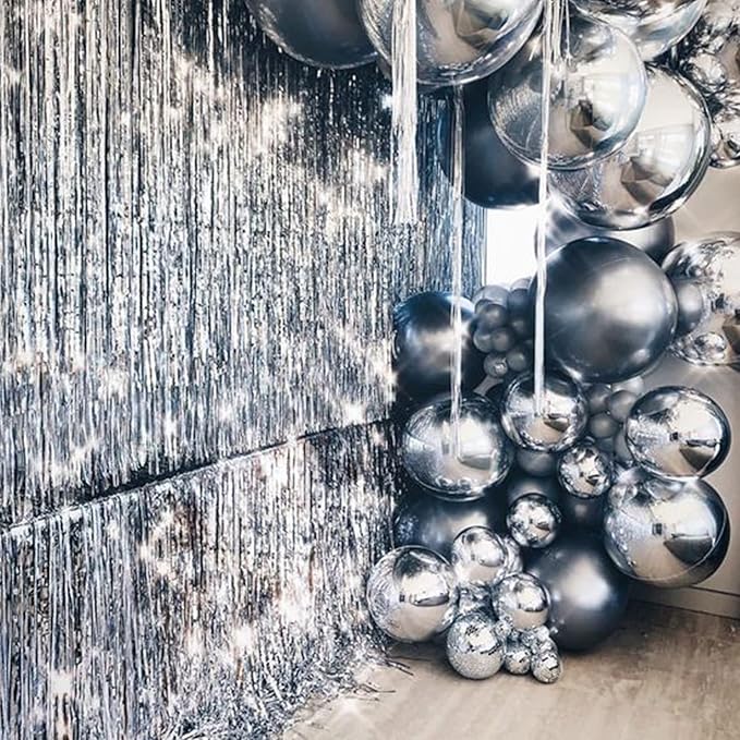 PartyWoo Foil Fringe Curtains Silver, 2 pcs 3.3x6.6 ft Silver Streamers, Fringe Backdrop, Tinsel Backdrop, Tinsel Curtain, Metallic Door Shimmer, Birthday Party Streamers, Christmas Decorations