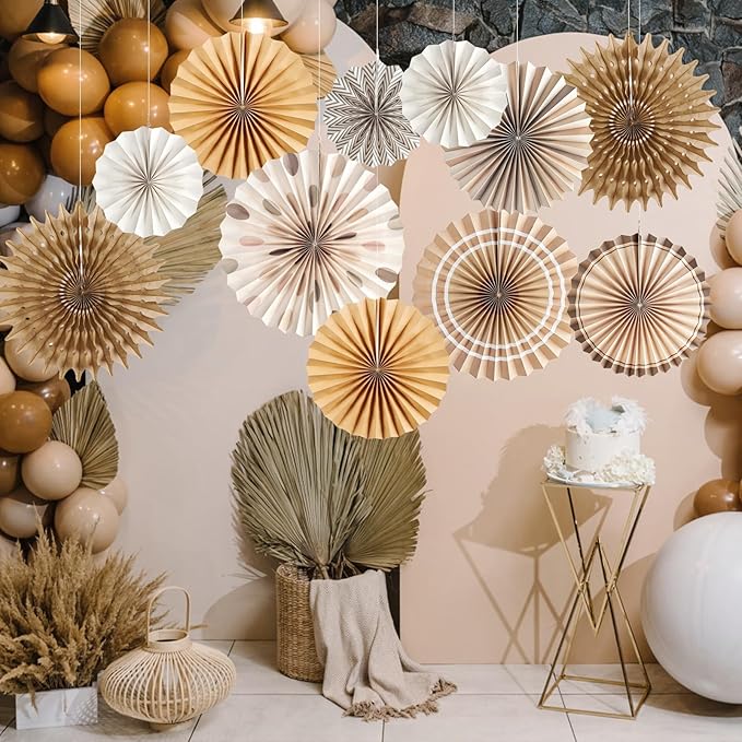 Boho Hanging Paper Fans White Brown Champagne Party Decorations Neutral Rustic Paper Fans Classroom Decoration for Baby Shower Birthday Wedding Bridal Party