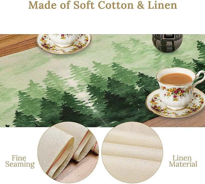 Foggy Forest Table Runner,Watercolor Wreen Misty Forest Landscape Table Runner for Kitchen Dining Table Home Party Decoration 13x36 Inch