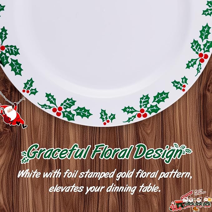 WDF 350pcs Christmas Plates and Napkins Set - Exquisite Holly Design - Christmas Dinnerware Set of 50 Plastic Plates 50 Red Silverware Set&Cups& Napkins