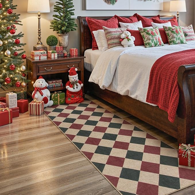 Area Rug Runner, Red Checkered Christmas Entryway Rug, Low Pile
