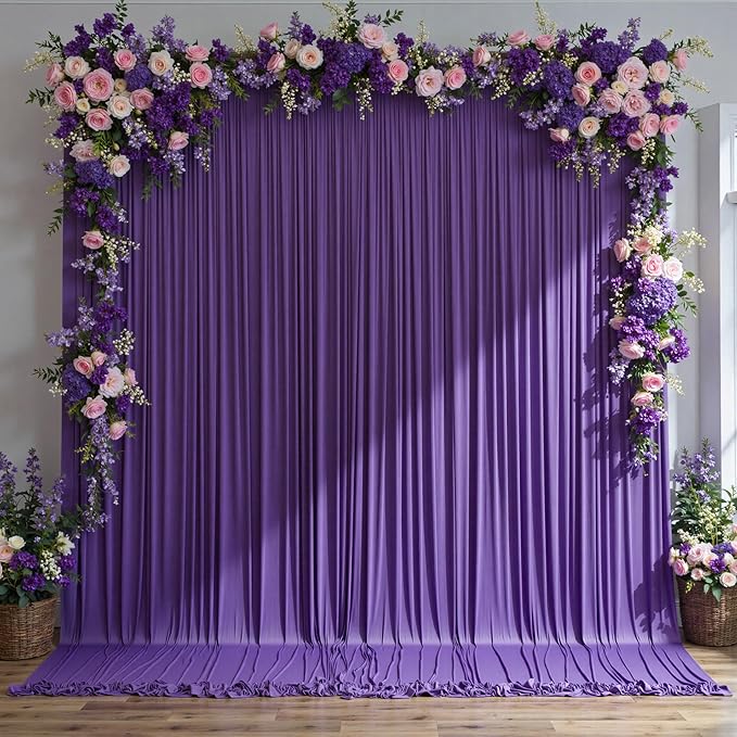 Backdrop Curtain, Purple Polyester, 8 Panels, 40 ft x 10 ft Wrinkle-Free