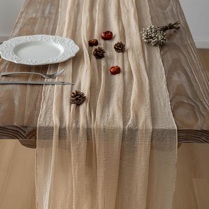 6pcs Deep Beige Cheesecloth Table Runner Rustic Boho Gauze 120 Inch 10 FT Cheese Cloth for Wedding Baby Shower Bridal Shower Birthday Party Long Sheer Home Decorations