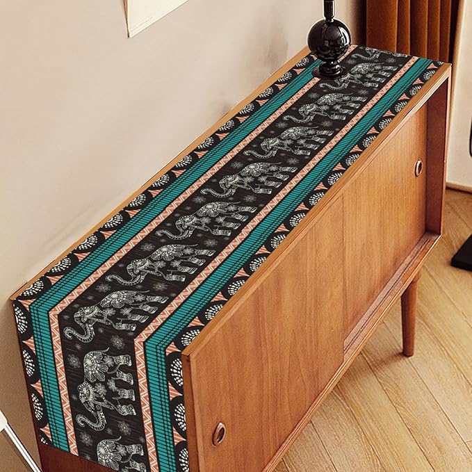 Boho Elephant Table Runner, Vintage Tribal Traditional Bohemian African Animals Ethnic Folk Table Center Decor for Home Kitchen Dining Patio Holiday Party Indoor Table Decorations, 13"x90" Inch