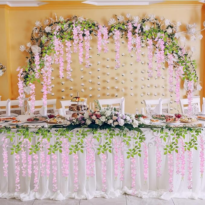 12 Pack Pink Wisteria Hanging Flowers Garland, 3.77 Feet Artificial Flower Vines, Fake Wisteria, Artificial Vines Hanging Garland for Backdrop Outdoor Yard Garden Decor