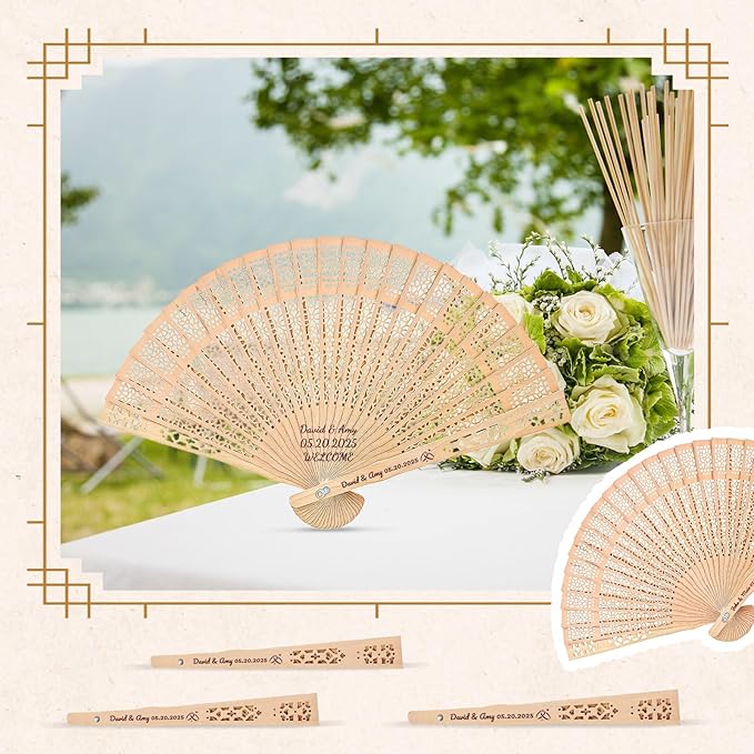 100pcs Personalized Wedding Fans for Guests - Custom Wooden Hand Fans with Names/Dates - Bulk Wedding Favors for Bridal Shower, Baby Shower & Parties (Wood, 100pcs)