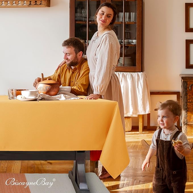 Biscaynebay Fall Tablecloth Textured Fabric 60x84 Inch Rectangular, Fall Gold Thanksgiving Autumn Harvest Water Resistant Fabric Tablecloths for Kitchen, Dining, Wedding, Parties Machine Washable