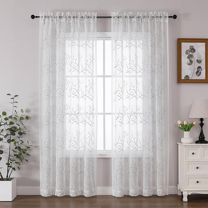 VISIONTEX Sheer Curtains 63 inch Length 2 Panels Set, Decorative Grey Coral Embroidery, Rod Pocket Embroidered Window Drapes for Living Room and Bedroom, 54" x 63"