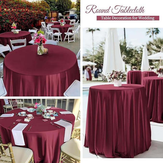 12 Pack 108 Inch Burgundy Satin Tablecloth - Silky Round Tablecloth Overlay Smooth Fabric Table Cover, Bright Table Decoration for Wedding Party Banquet Events Restaurant Kitchen Dining