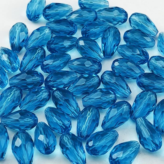 100pcs 8x12mm Teardrop Crystal Glass Beads for Jewelry Making, Faceted Vertical Hole Teardrop Glass Spacer Beads for Wind Chimes Bracelet Earring Necklace DIY Craft(Lake Blue)