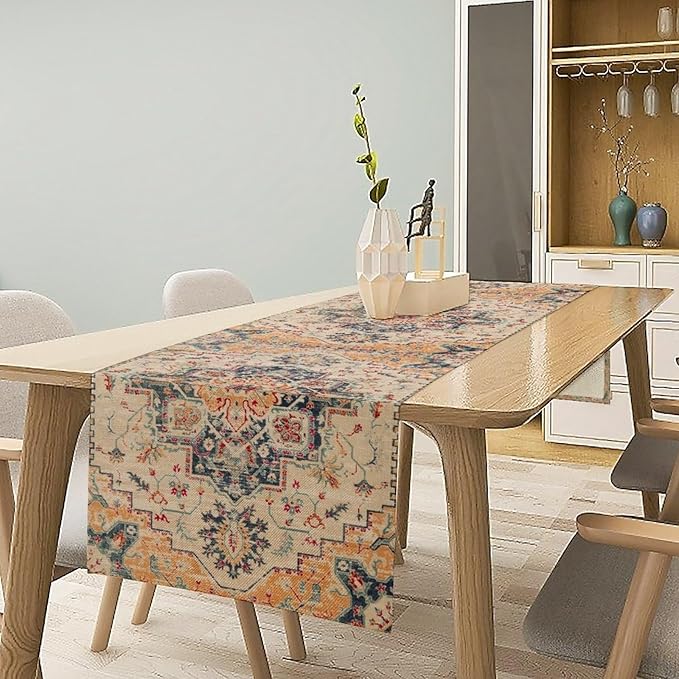 Bohemia Orange Table Runner, Rustic Farmhouse Vintage Geometric Floral Print Table Cover for Home Kitchen Dining Table Party Decor, 13x90inch