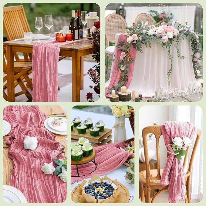 Asee'm 3pcs Cheesecloth Table Runner 120 Inches Dusty Rose Boho Gauze Cheese Cloth Runner 10FT Rustic Sheer Table Runners for Summer Wedding Baby Shower Holiday Party Decoration