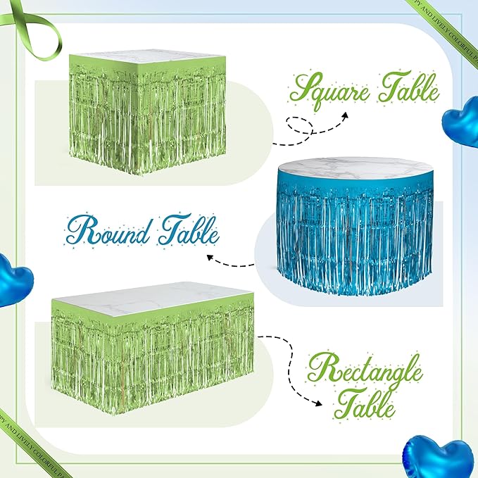 2 Pack Lake Blue Lime Green Table Skirts, 29x108" Metallic Foil Tinsel Fringe Table Skirt for Rectangle Tables Streamer Curtains Backdrop, Party Decorations for Birthdays, Weddings, Holidays