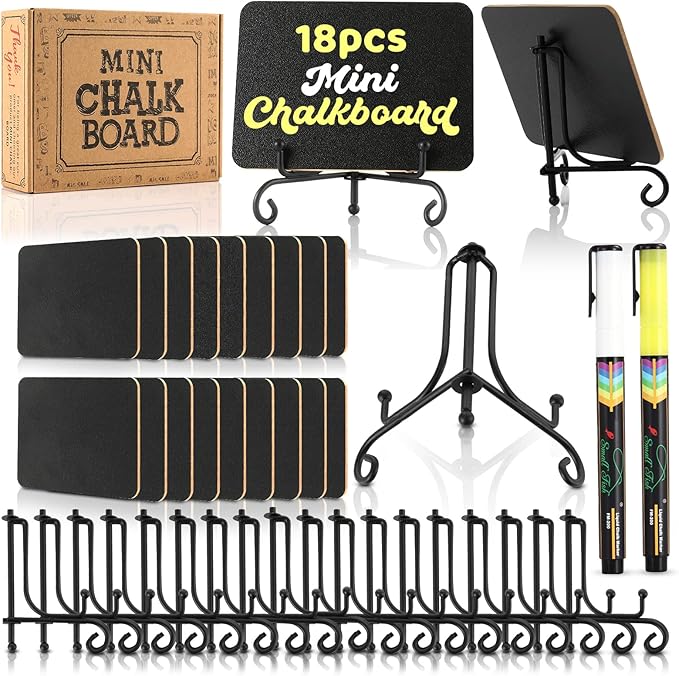 Mini Chalkboard Signs for Food Labels for Party Buffet, Small Place Cards or Name Tags with Iron Stand for Chafing Dish, Mimosa Bar Supplies, Wedding Chalk Board Sign with 2 Pens, 18 Pack Black