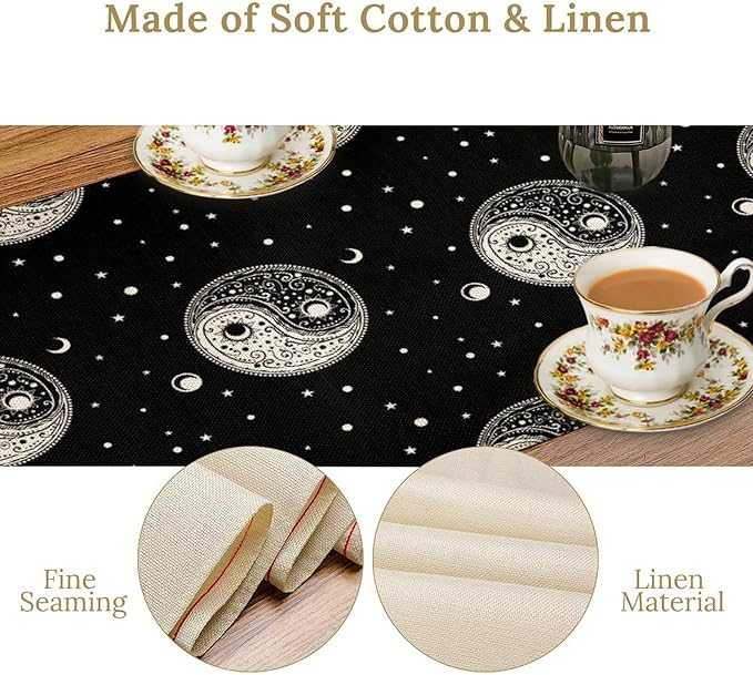 Mystical Celestial Table Runner, Vintage Bohemian Black Yin Yang Symbol Moon Stars Print Table Runner for Office Kitchen Dining Wedding Party Home Coffee Table, 13x36inch