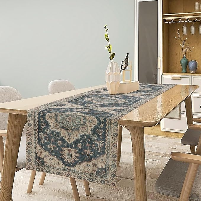Boho Bohemia Style Table Runner, Vintage Blue Retro Flower Rustic Country Style Floral Print Pattern for Home Kitchen Table Decor Dining Coffee Room Garden Party Decor 13x90in