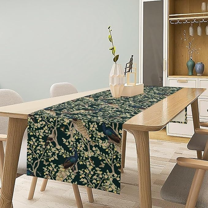 Peacock Table Runner,Retro Floral Plants Peacock Table Runner for Home Kitchen Dining Party Indoor Outdoor Decoration 13x36 Inch