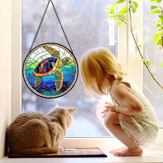 Stained Glass Window Hanging, Colored Turtle Ocean Suncatcher Diamond Glass Panel Hangings Marine Life Sun Catchers Decor for Birthday for Women, Men, Wife, Aunt, Mom 11.8 in