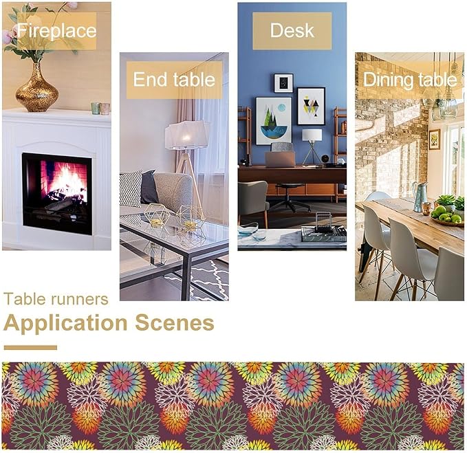Brown Dahlia Flower Table Runner, Linen Geometric Pattern Floral Table Decor Spring Farmhouse Decorations for Kitchen Dining Holiday Party Decor, 13x60 Inch