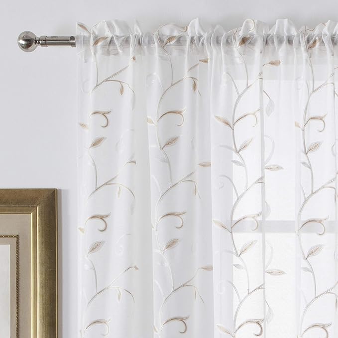 VISIONTEX White Sheer Voile Curtains, Decorative Beige Leaves Embroidery Faux Linen Rod Pocket Window Drapes for Home Kitchen, Living Room and Bedroom 54 x 95 Inch, Set of 2 Curtain Panels