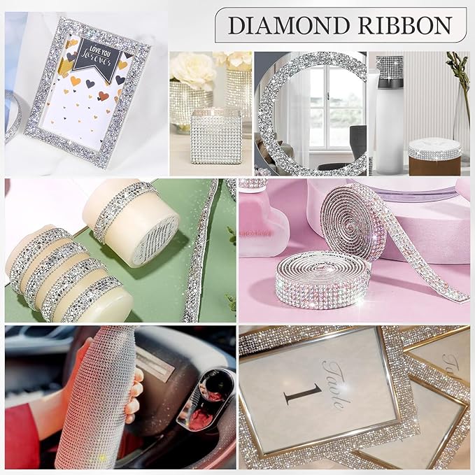 Rhinestone Ribbon 6 Yards Self Adhesive Rhinestone Strips Diamond Ribbon Sticker Crystal Roll Glitter Bling Rhinestones Tape for Crafting DIY Art Decoration (Silver,0.4 Inch)