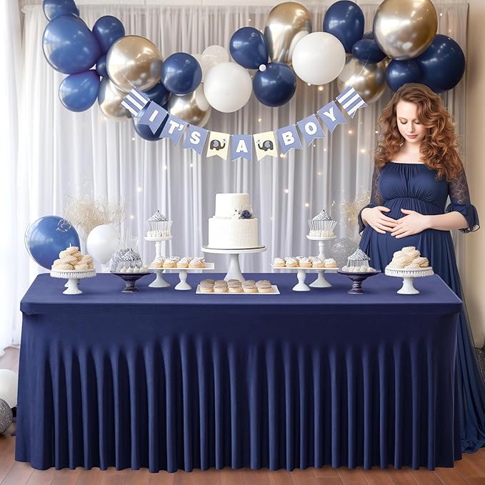 Wish Care 2 Pack Navy Blue Spandex Table Clothes for 4 Foot Rectangle Tables, 4FT Wrinkle Free Fitted Tablecloths Ruffles Design Table Cover for Party, Banquet, Wedding and Events