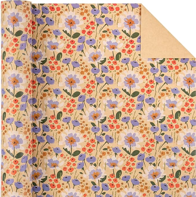 WRAPAHOLIC Kraft Floral Wrapping Paper Roll - Mini Roll - 17 Inch x 33 Feet - Watercolor Flower Wrapping Paper, Perfect for Wedding, Birthday, Bridal Shower, Tea Party
