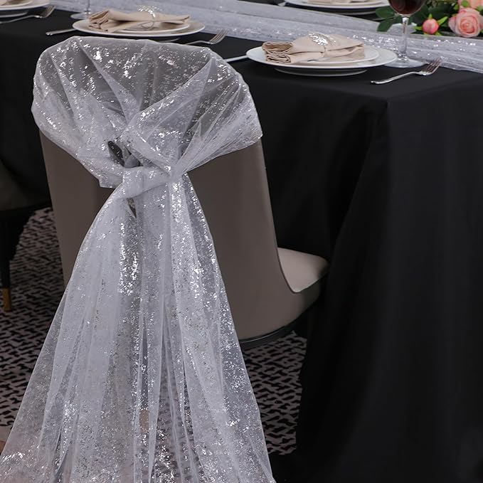 Snowkingdom 10 FT White Silver Cheesecloth Table Runner, Sequin Metallic Foil Sheer Chiffon Gauze, Glitter Silver Party Table Decoration Centerpieces for Wedding Birthday Bridal Baby Shower Christmas
