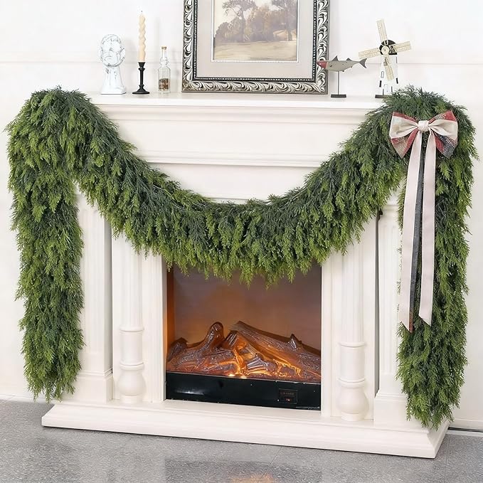 16FT Real Touch Cedar Garland - Artificial Christmas Garland Fake Green Faux Thick and Lush Pine Needles Garlands for Table Fireplace Mantle Holiday Home Indoor Outdoor Decor (1PCS)