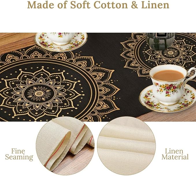 Golden Mandala Table Runner, Traditional Indian Gold Black Flower Vintage Luxury Bohemian Mandala Table Runner for Home Kitchen Dinning Table Indoor Outdoor Holiday, 13x36inch