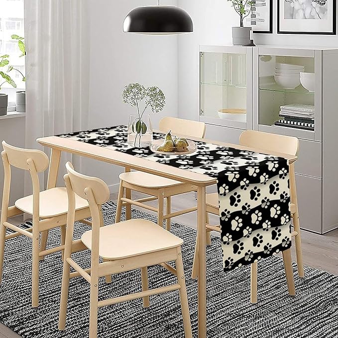 Dog Paw Table Runner,Kid Cute Animal Footprint Black White Theme Design Print Tablecloth Burlap for Hotel Indoors Outdoor Dining Room Kitchen Home Decor,W13X L108 in