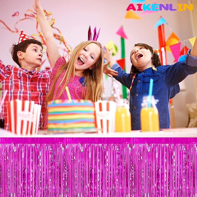 6 Pack 29x108 Inch Metallic Foil Fringe Tinsel Table Skirts Banner for Rectangle Tables Streamer Garland Curtains Backdrop for Wedding, Birthday, Parade Floats, Christmas Party Decoration(Fuchsia)
