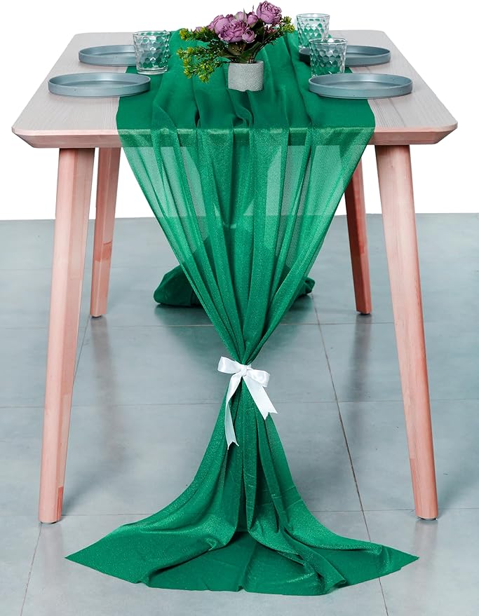 MDS 10 Pack 10ft Chiffon Table Runner 29 x 120 Inches Sheer Wedding Runner Romantic Rustic Table Runner for Wedding Decorations, Birthday Parties, Bridal Shower Party Arch Decor - Emerald Green