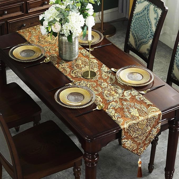 Gradient Sparkling Table Runner 120 inches Long Luxury Vintage Embroidered Caramel