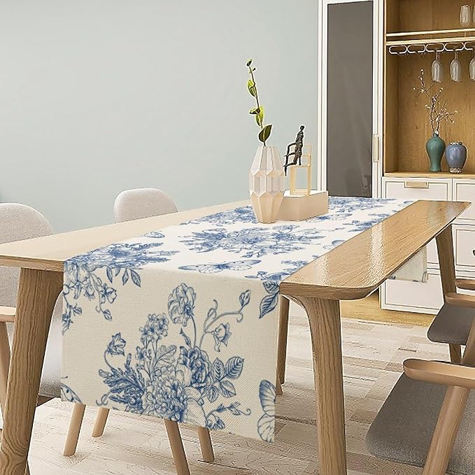 Monochrome Sketch Flowers Table Runner, Seasonal Spring Fall Plants Blue Florals Butterfly Dinner Runner for Home Kitchen Dining Table Party Holiday Decoration 13"x60"