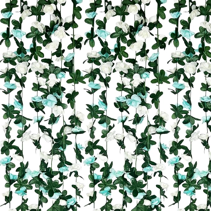 8Pcs 63Ft Teal&White Rose Garland, Fake Rose Hanging Flowers, Artificial Flower Vine, Hanging Floral Vine Garland for Wedding, Birthday Party, Wall Arch, Halloween, Christmas Garden Backdrop Decor