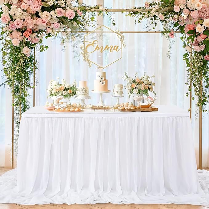 White Table Skirt for Rectangle Tables 14FT Chiffon Sheer Tablecloth for Birthday Party Sweetheart Cake Table Decoration