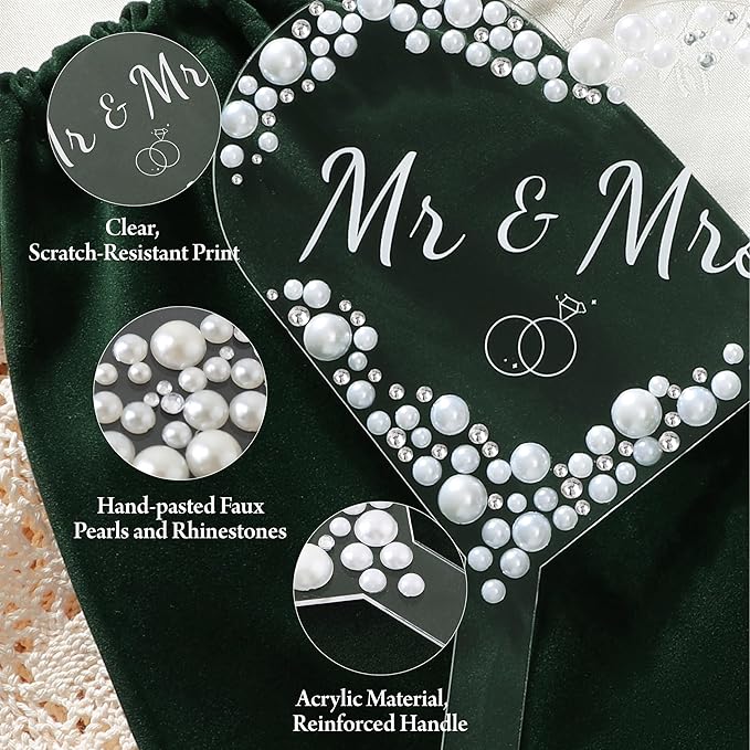 Acrylic Heart Mr & Mrs Cake Topper, Rhinestone and Faux Pearl Accents