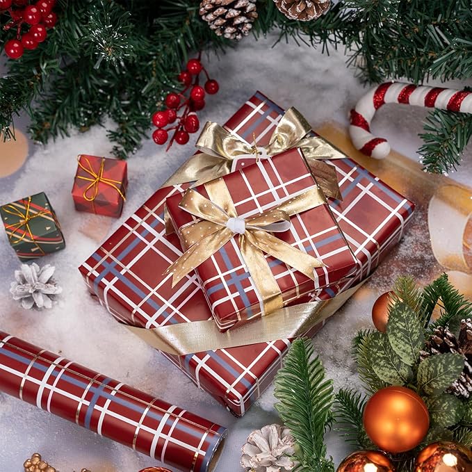 LeZakaa Christmas Red Wrapping Paper Roll, Buffalo Plaid Red for Christmas Winter Holiday Family Gathering, Grid Backing, 17 inches x 32.8 Feet, Mini Roll