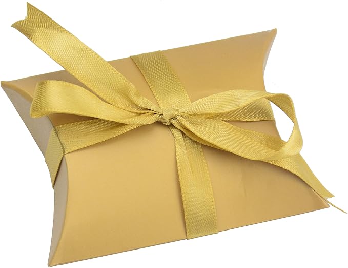 Aokbean 100 Pack Mini Pillow Candy Box Small Gift Boxes with 50 Yards Ribbon for Christmas Wedding Party Favor Gift, Jewelry or Soap Packaging (Gold)