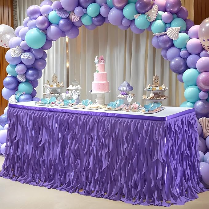 Partisky Mermaid Purple Tulle Curly Willow Table Skirt for Rectangle Table 17ft, Ruffle Tutu Table Cloth for Girls Boys Baby Shower,Mermaid Birthday Party
