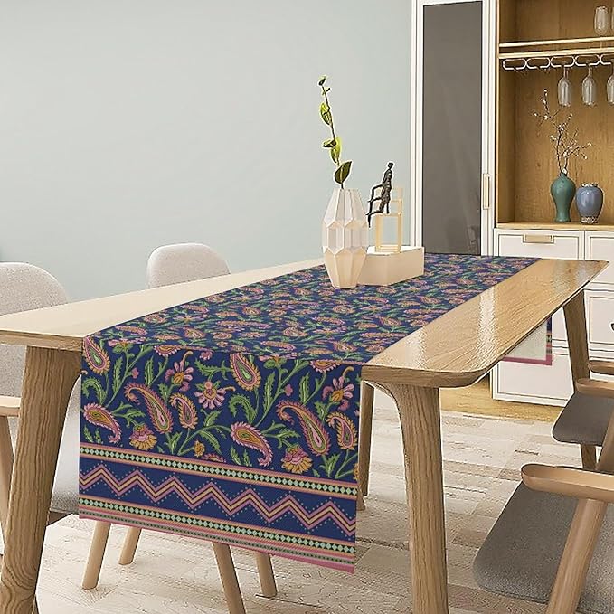 Colorful Paisley Floral Table Runner, Vintage Pink Purple Flowers Green Plants Leaves Print Table Runner for Kitchen Dining Table Indoor Outdoor Home Party, 13x108inch