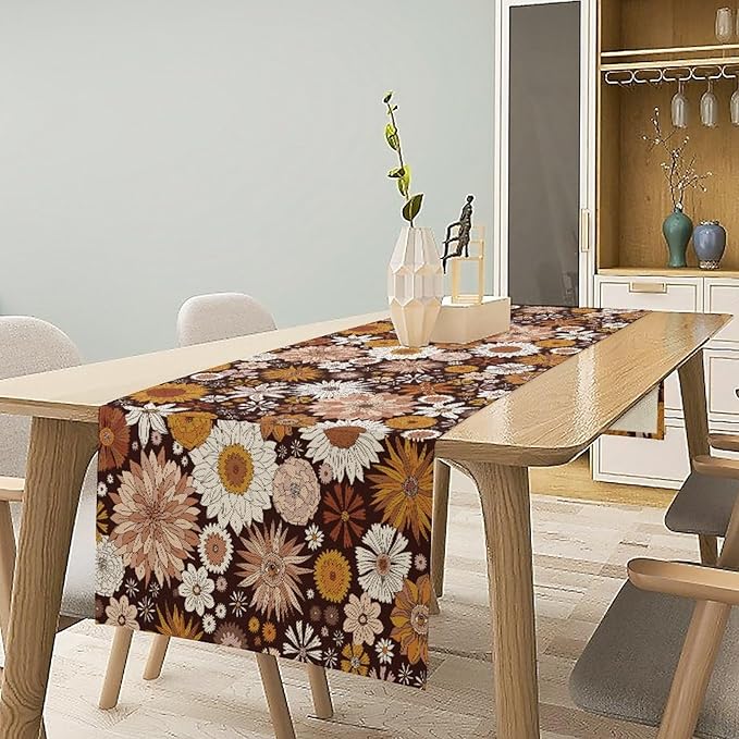 Boho Floral Table Runner, Vintage Country Farmhouse Daisy Flowers Modern Kitchen Dining Room Decoration for Indoor and Outdoor Wedding Party Banquet Table Runner 13x70 Inch