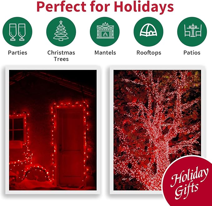 String Lights 64.8 ft Red LED Outdoor, 300 Bulbs, Green Wire