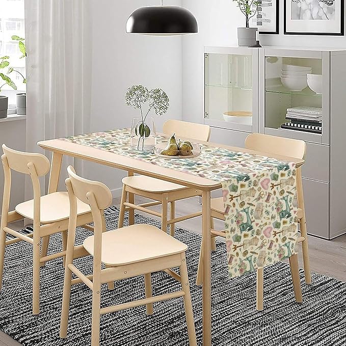 Sewing Theme Table Runner,Vintage Sewing Machine Tool Watercolor Pattern Print Tablecloth Burlap for Hotel Indoors Outdoor Dining Room Kitchen Home Decor,W13X L36 in