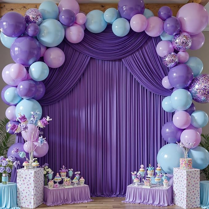 Backdrop Curtain, Purple Polyester, 8 Panels, 40 ft x 10 ft Wrinkle-Free